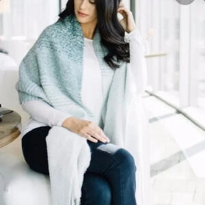 Anthropologie Mer Sea Always By The Sea Teal White Wrap Blanket Scarf W/ Fringe